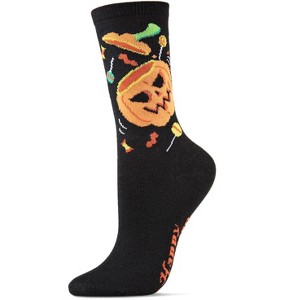 Memoi Women's Pumpkin Treat Halloween Crew Socks Black 9-11 - 1 of 2