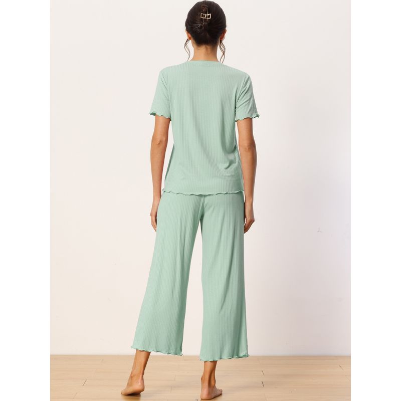 cheibear Women's Sleepwear Round Neck Soft Knit Short Sleeve Shirt with Pants Capri Pajamas Set, 3 of 6