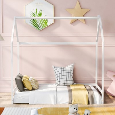 CAVINAS Twin/Full Size Wooden House-Shaped Bed Frame,Cute Floor Bed for Kids Room,Bedroom