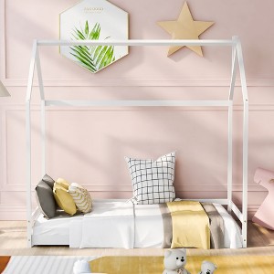 CAVINAS Twin/Full Size Wooden House-Shaped Bed Frame,Cute Floor Bed for Kids Room,Bedroom - 1 of 4