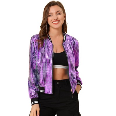INSPIRE CHIC Women's Holographic Fashion Stand Collar Metallic Lightweight Zip Bomber Jacket