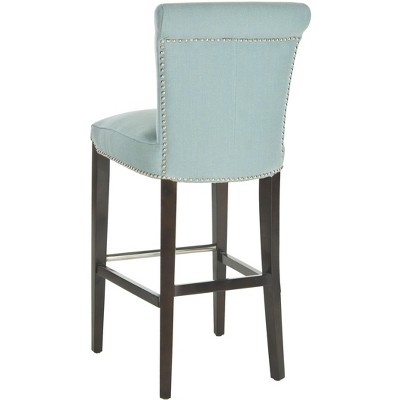 Transitional Sky Blue Leather & Wood Bar Stool with Metal Accents