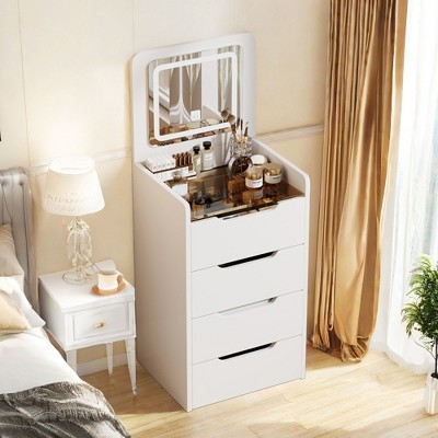 NicBex 3-in-1 LED Vanity Desk with Flip-Top Mirror & Hidden Stool,Space-Saving Makeup Table with 3 Drawers,Glass Top & Cushioned Seat for Bedroom