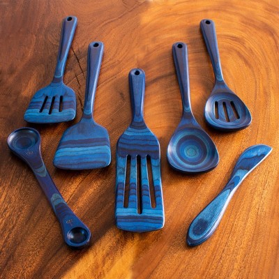Baltique 7pc Malta Kitchen Utensil Set: Wood Cooking Tools, Hand Wash, Blue, Adult Use, Includes Measuring Spoons — фото 2