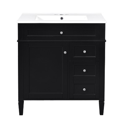 Vynxaria 30 in. 1 Freestanding Black Bath Vanity with White Ceramic Top All Assembly Required
