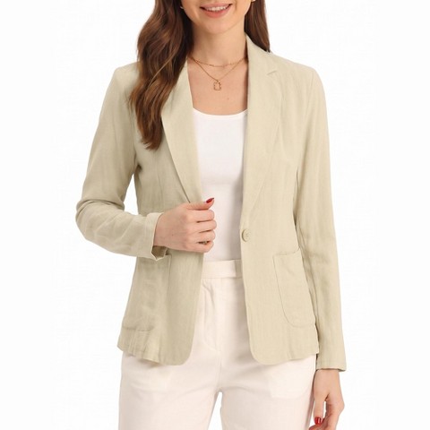 INSPIRE CHIC Women's Notch Lapel One Button Casual Suit Linen Blazer Beige Large
