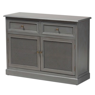 Sheldon Vintage Wood and Rattan 2 Door Dining Room Sideboard Buffet Gray - Baxton Studio