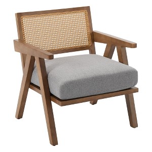 Mid Century Modern Accent Chair, Comfy Living Room Chairs with Sturdy Wood Legs, Rattan Backrest & Beige Thick Linen Cushion - 1 of 4