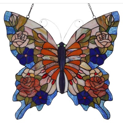 Colorful Tiffany-Glass Butterfly Window Panel with Textured Black Finish