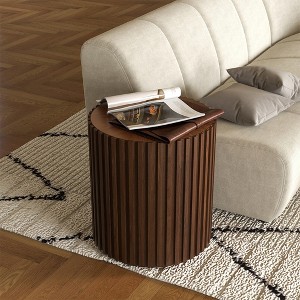 POVISON 20" Fluted Round End Table, Mid-century Modern Side Table, Minimalist Wood Coffee Table, Dark Walnut Color - 1 of 4