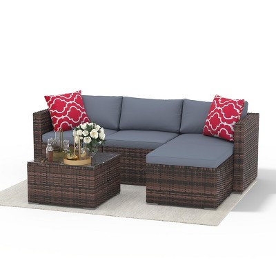 5 Piece Outdoor Patio Furniture Set,Rattan Deck Conversation Sofa Set with Non-Slip Cushions,All-Weather Sectional Sofa with Glass Storage Table