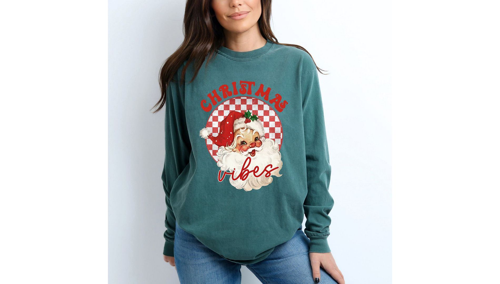 Simply Sage Market Women's Christmas Vibes Santa Checkered Long Sleeve Garment Dyed Tee - M - BlueSpruce