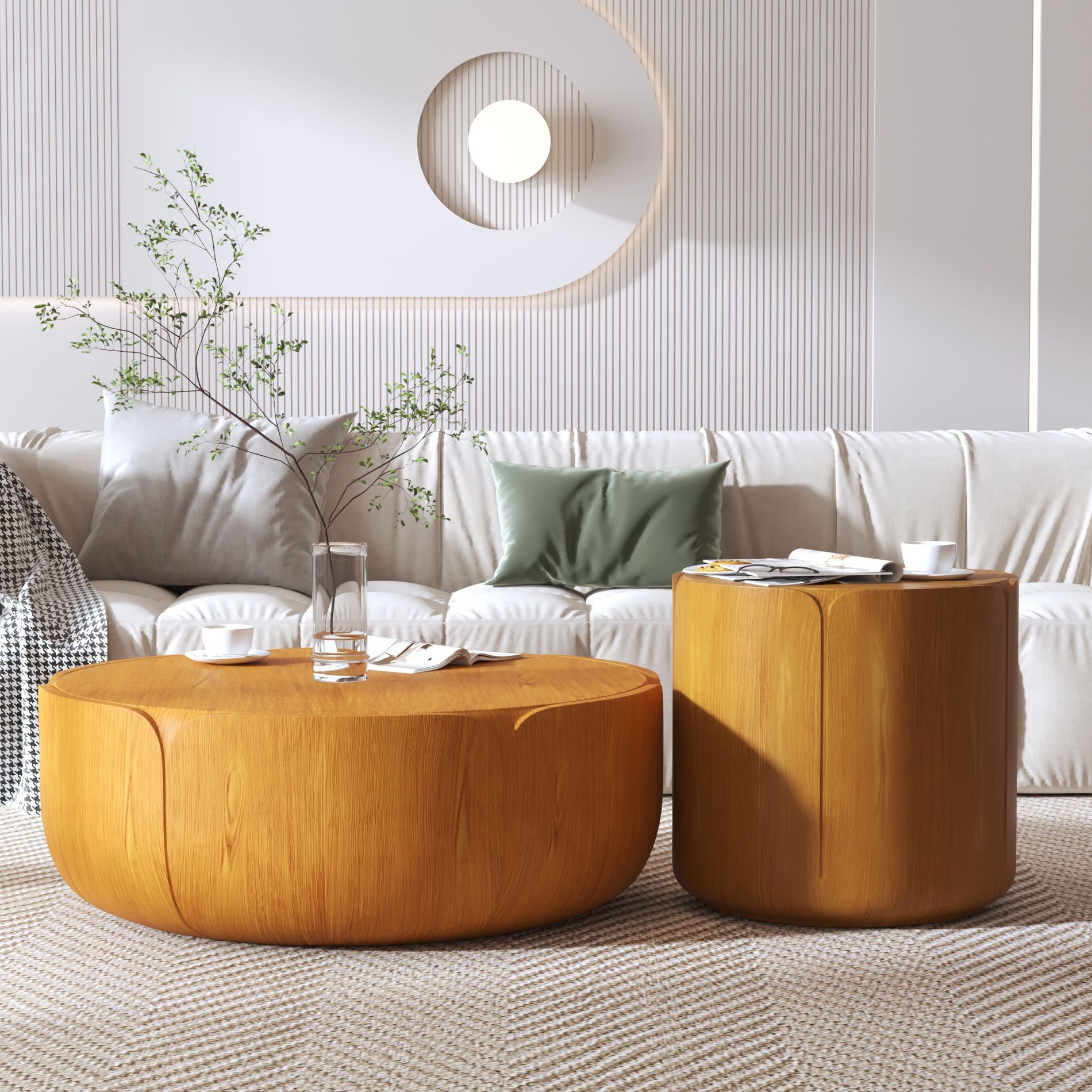 Round Outdoor Indoor Coffee Table Set, Modern Wood Grain Drum Center Table Set-Natural