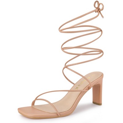 Allegra K Women's Open Square Toe Lace Up Strappy Block High Heel Sandals