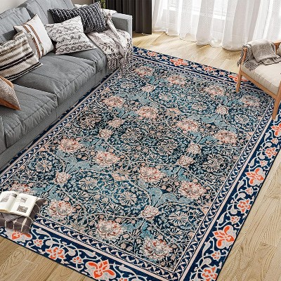 Area Rug Living Room Bedroom Machine Washable Printed Vintage Floral Carpet Non-Slip Low Pile Distressed Boho for Laundry Dining Farmhouse