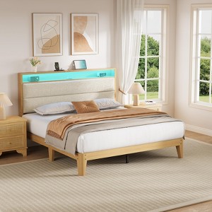 Bed Frame with RGB LED Light & Charging Station, 2-Tier Storage Headboard and Sturdy Wooden Slats Support - 1 of 4