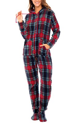 Adr Women's Hooded Footed Pajamas, Plush Adult Onesie, Winter Pjs With Hood  Blue Christmas Plaid Footed Large : Target