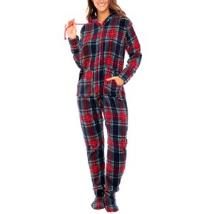ADR Women's Plush Fleece One Piece Hooded Footed Zipper Pajamas, Soft Adult Jumpsuit PJs with Hood - 1 of 4