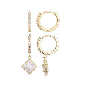 Adornia 14k Gold Plated White Mother of Pearl Clover CZ Huggie Set - 1 of 4