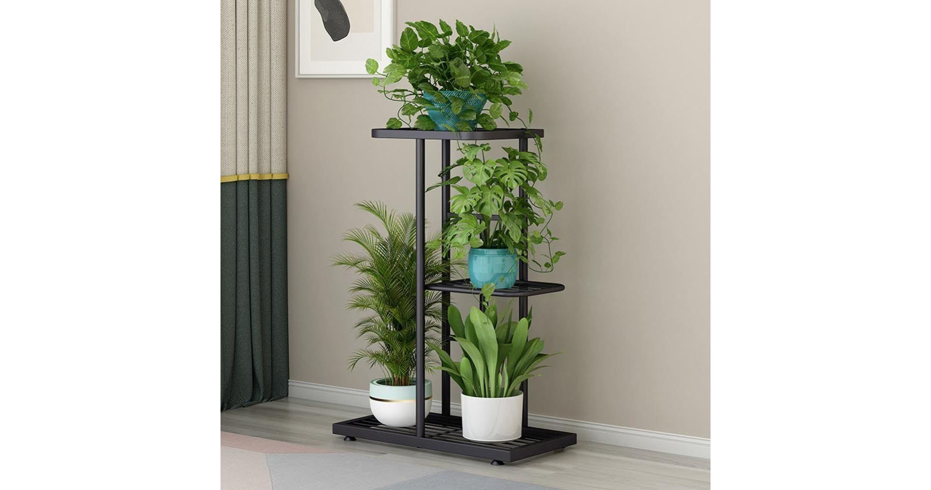 Acekool 3-Tier Metal Corner Plant Stand, Indoor Outdoor Plant Shelf with 4 Pot Holders, Space-Saving Display Rack, Dark Gray