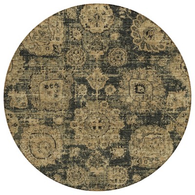 Charcoal Gold And Tan Floral Washable Indoor Outdoor Area Rug
