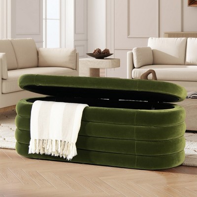 Olive Green Bouclé Upholstered Oval Storage Bench with Rubberwood Frame