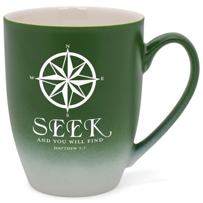 Elanze Designs Seek And You Will Find Matthew 7:7 Two Toned Ombre Matte Green and White 12 ounce Ceramic Stoneware Coffee Cup Mug