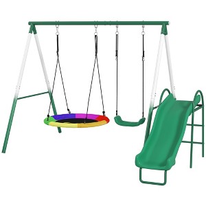 Metal Swing Set with Slide, Saucer Swing Seat, Heavy Duty A-Frame Stand and Adjustable Rope for Backyard - 1 of 4
