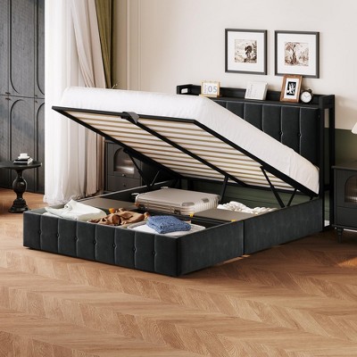 Full Bed Frame with Lift Up Storage, Upholstered Velvet Bed with Storage Headboard, Metal Platform Bed, Hydraulic Support, No Box Spring Needed