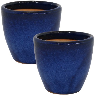 Sunnydaze Resort Outdoor/Indoor High-Fired Glazed UV- and Frost-Resistant Ceramic Planters with Drainage Holes - 8" Diameter - Imperial Blue - 2-Pack