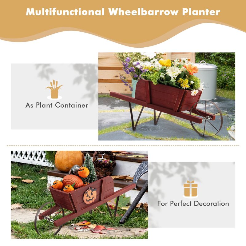 Tangkula Flower Pot Wheelbarrow Planter Solid Pine Wood Wagon Planter w/ Triangular Metal Support 2 Energy-saving Handles Movable Whee Walnut/Red, 3 of 10