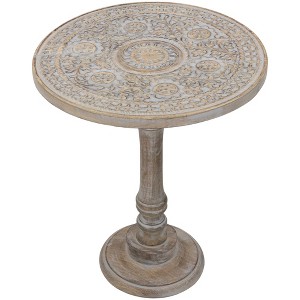 Northlight 21" Antique Gray Carved Floral Round Pedestal Side Table - 1 of 4