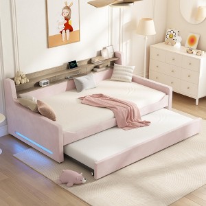 AMERLIFE Twin Daybed with Trundle, Upholstered Bed with Storage Headboard, LED & Charging Station, Velvet Corner Frame for Bedroom/Guest Room - 1 of 4