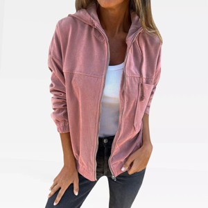 Womens Zipper Corduroy Jackets with Pockets Fall Hooded Jackets Zip Up Shacket Coat Textured Outwear Fall Fashion Outfits - 1 of 4