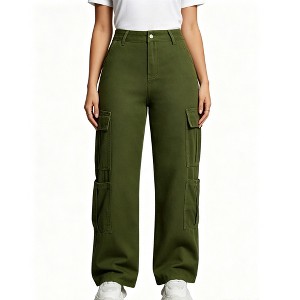 Women's High Waist Wide Leg Cargo Pants Multi Side Pockets Button