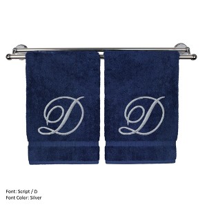 BC BARE COTTON Monogrammed Hand Towel, 100% Turkish Cotton - Set of 2 - Navy - Silver Script - 1 of 1