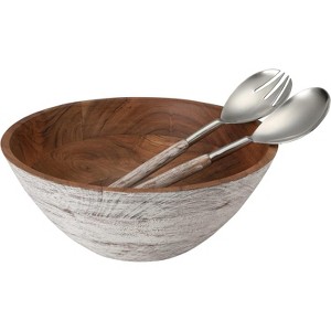 Folkulture 12" Acacia Wood Salad Bowl with Matching Servers | Large Wooden Bowl | 3 Colors | Whitewash | Kitchen & Dining Essential - 1 of 4