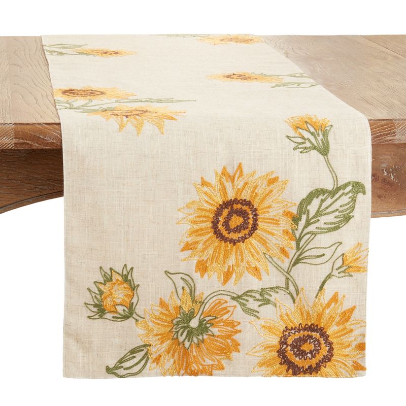 Saro Lifestyle Sunflower Design Embroidered Table Runner, Beige, 16" x 70", 1 of 4