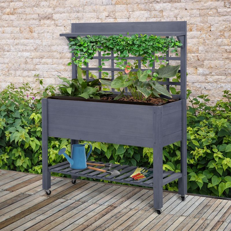 Outsunny 41'' Raised Garden Bed Mobile Elevated Wooden Planter Box Stand with Wheels, Trellis and Storage Shelf, 2 of 7