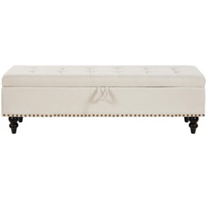 Gulches 59"L Beige Fabric Storage Bed Bench Ottoman - Tufted Top, Solid Wood Legs & Bronze Nail Trim, Multifunctional - 1 of 4