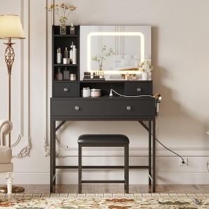 Vanity Desk and Stool with Mirror and Lights，Makeup Vanity with Charging Station, Drawers, Storage Shelves for Bedroom - 1 of 4