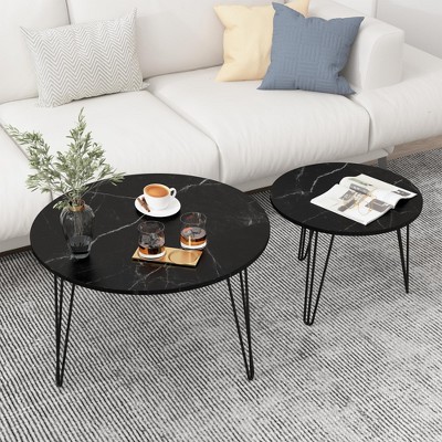 GlasFlength End Table Set of 2, Industrial Wood Finish with Sturdy Metal Frame for Living Room, Bedroom, Patio, Black, 27.56"*27.56"*17.71"