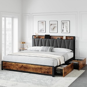 Bed Frame with Storage Headboard and Charging Station,Vintage Brown Platform - 1 of 4