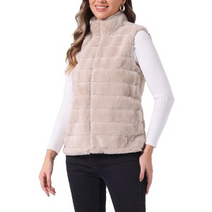 INSPIRE CHIC Women's Stand Collar Fully Lined Sleeveless Faux Fur Fluffy Zip Vest - 1 of 4