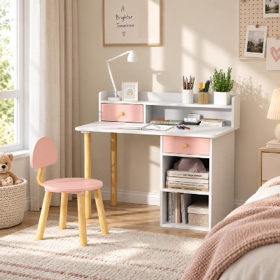 2-Piece Kids Desk and Chair Set with Hutch, Drawers & Shelves, Children Study Table for Bedroom, Playroom & Homeschool, Pink and White