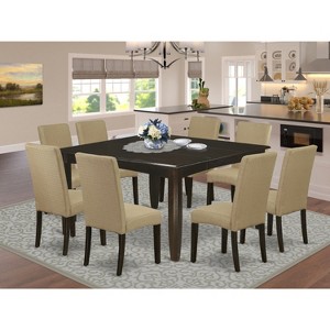 HomeStock 9Pc, 36/54" Dining Table 18 In Self Storing Butterfly Leaf, Eight Parson Chair With Cappuccino Finish Leg And Linen Fabric- Brown Color - 1 of 3