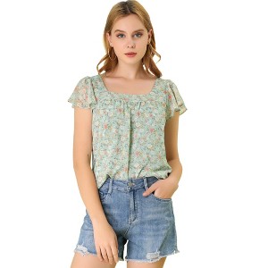 INSPIRE CHIC Women's Chiffon Ruffle Sleeve Square Neck Floral Print Blouse - 1 of 4