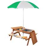Outsunny Kids Sand & Water Activity Table, Picnic Table Set Wooden Bench with Sandbox Removable & Height Adjustable Umbrella for Outdoor Garden Patio