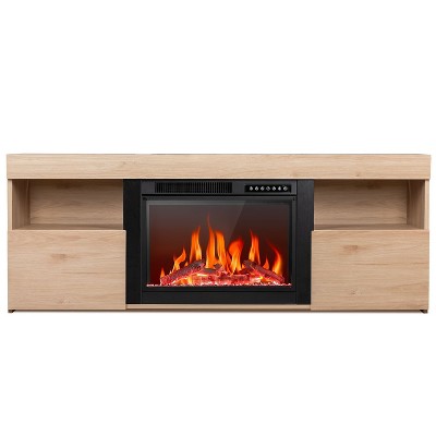 R.W.FLAME 59" Fireplace Tv Stand Mantel Wood Surround Firebox Freestanding, Infrared Quartz Heater Adjustable Led Flame, Remote Control, PECAN