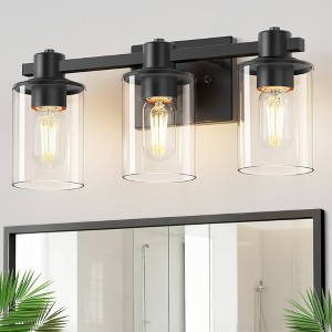 YANSUN 3-Light Vanity Light, Non-Integrated Light Source, E26 Bulb Base, Transparent Glass Shade, Black Finish, Square Plate & Rod - 1 of 4